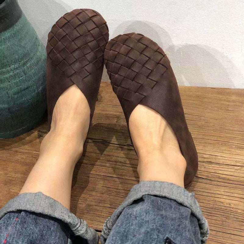 Retro Round Toe Flat Bottom Soft Cowhide Woven Women's Shoes