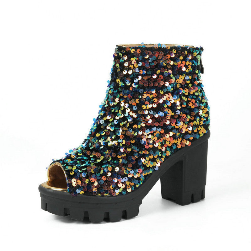 Sequin Cloth Chunky Heel Super High Zipper Stage Female Boots