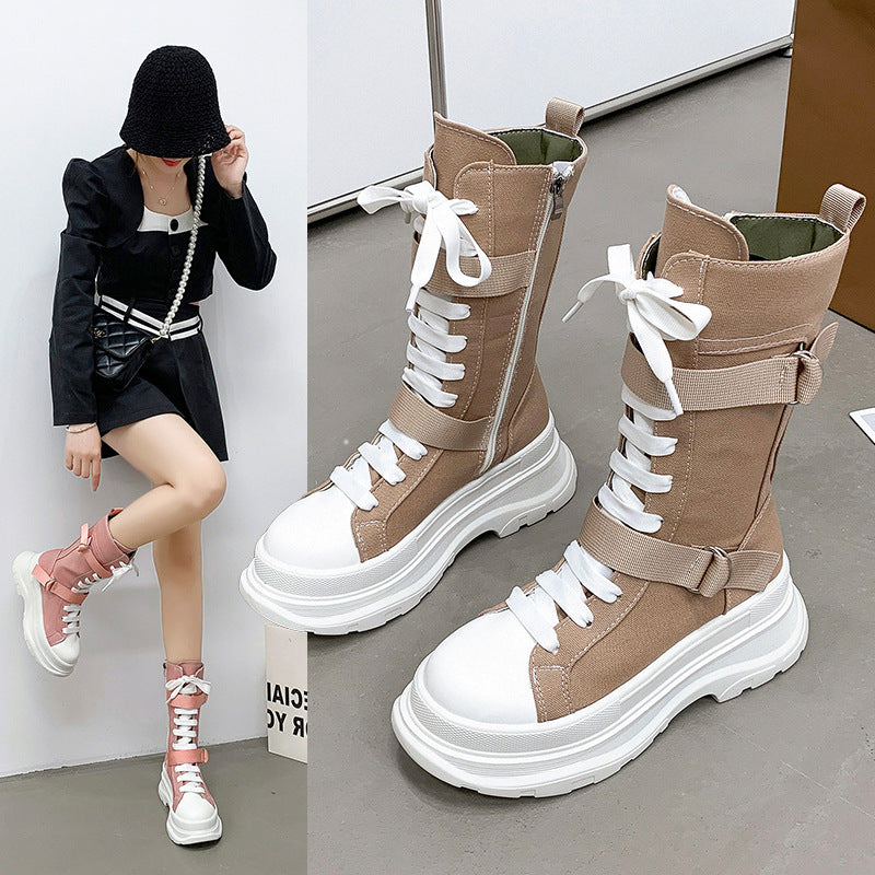 Women's Fashion Casual Platform Lace-up Canvas Boots