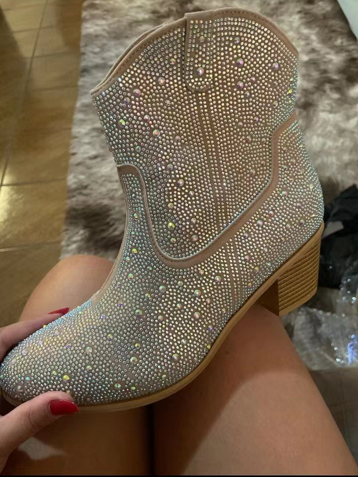 Pointed High Heel Chunky Heel Sequins Hot Rhinestone Fashion Plus Size Ankle Boots